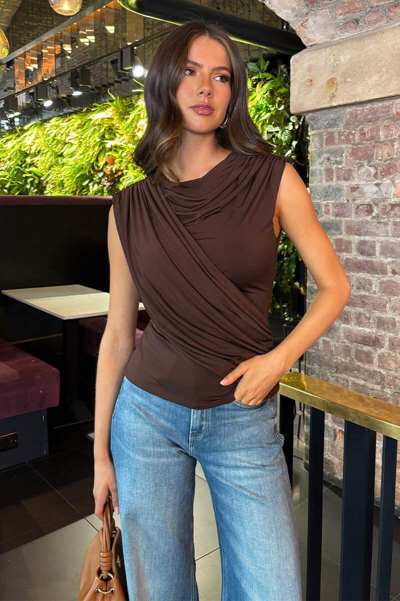 AX PARIS CHOCOLATE DRAPED FRONT TOP