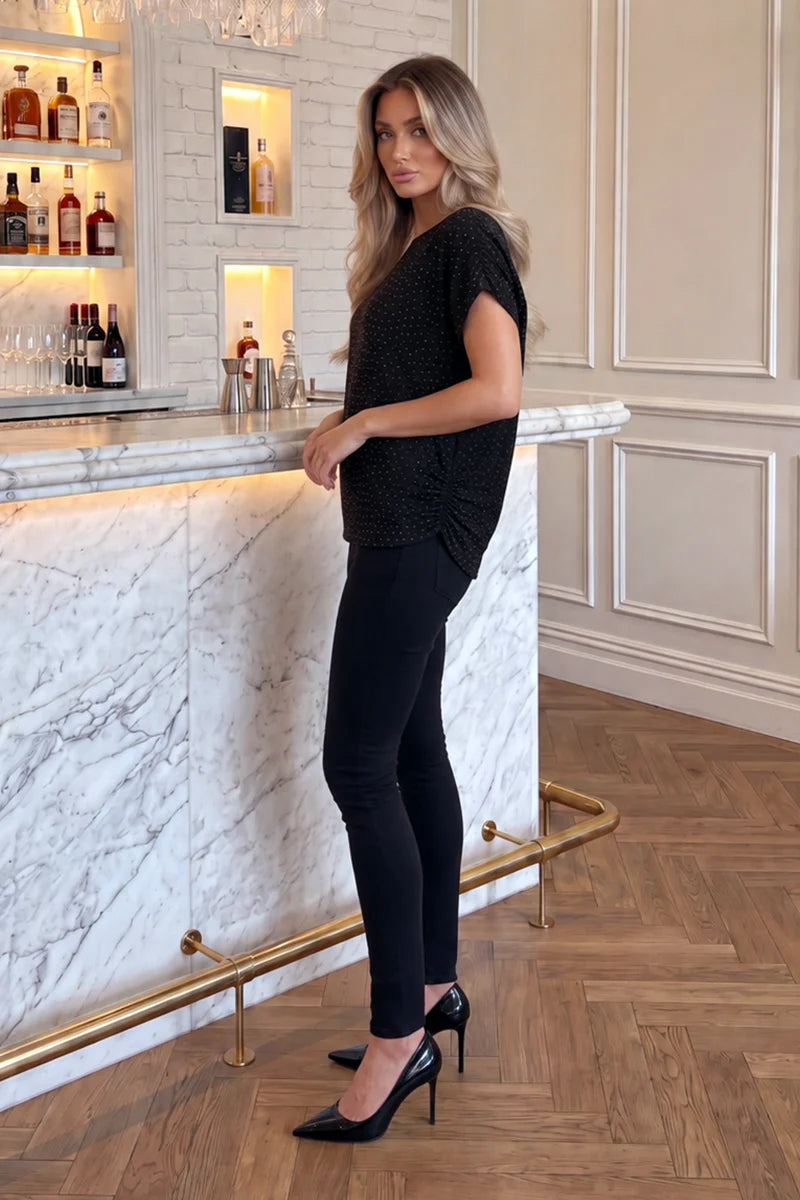 AX PARIS BLACK DIAMANTE ASYMMETRIC DRAPED TOP