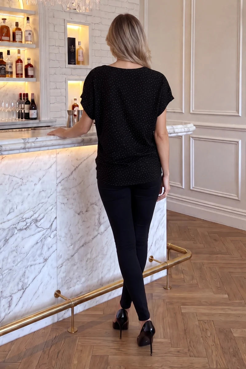 AX PARIS BLACK DIAMANTE ASYMMETRIC DRAPED TOP