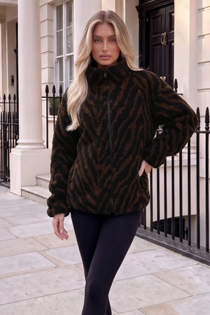 CHOCOLATE AND BLACK ANIMAL PRINT ZIP-UP TEDDY JACKET