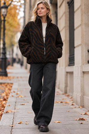 CHOCOLATE AND BLACK ANIMAL PRINT ZIP-UP TEDDY JACKET