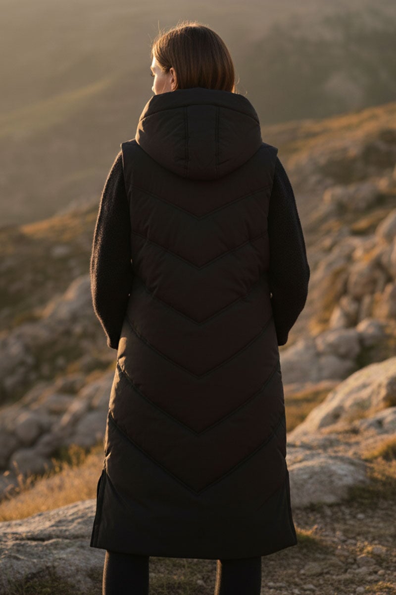 BLACK QUILTED HOODED 4 POCKET PUFFER GILET