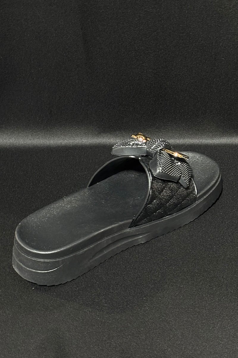 BLACK QUILTED GOLD TRIM FAUX LEATHER PLATFORM SLIDER