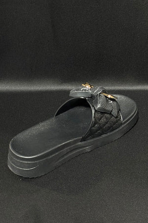 BLACK QUILTED GOLD TRIM FAUX LEATHER PLATFORM SLIDER