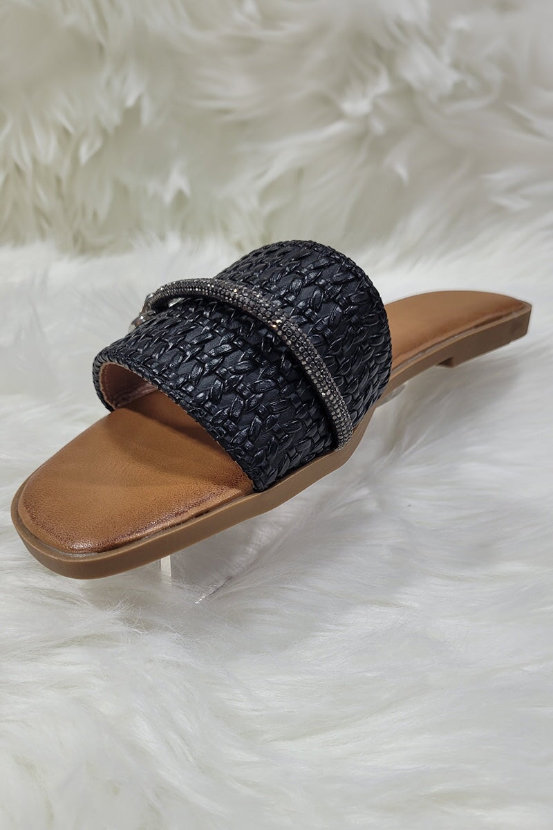 BLACK TEXTURED EMBELLISHED TRIM FAUX LEATHER SLIDER