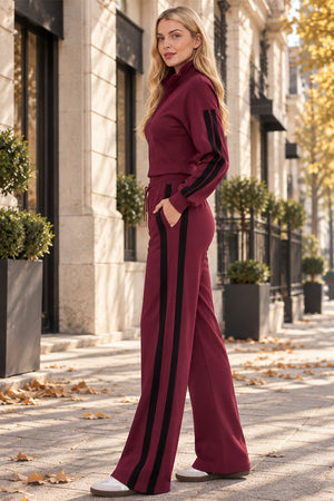 WINE CROPPED DOUBLE STRIPE ZIPPED SWEATSHIRT WITH WIDE LEG TROUSER