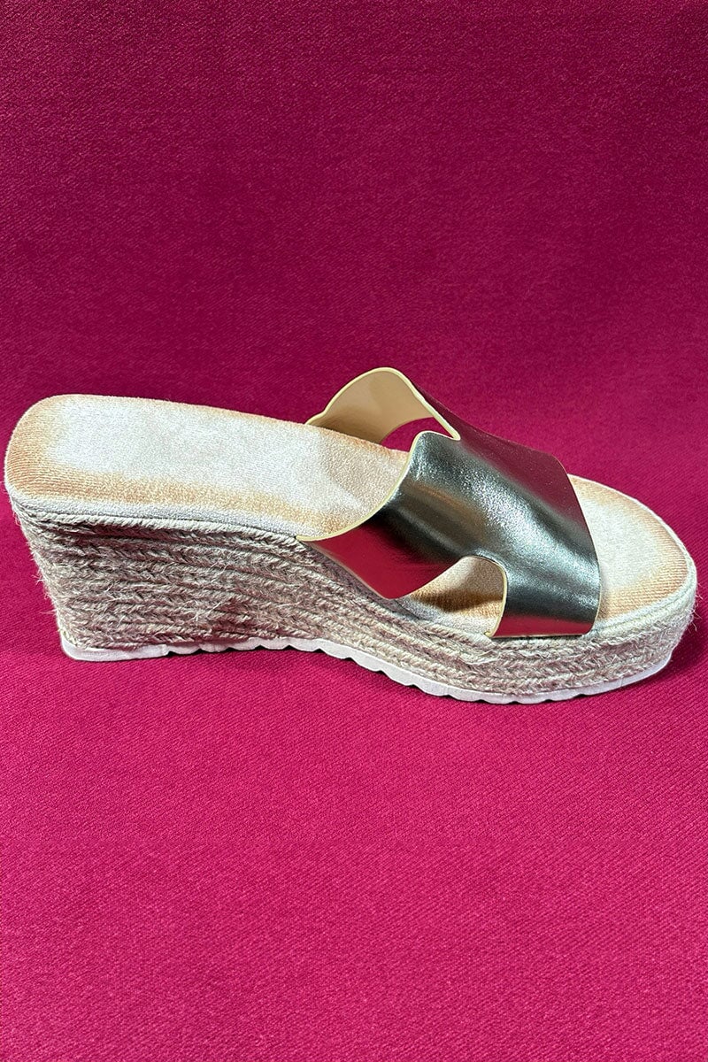 GOLD METALLIC CUT OUT FAUX LEATHER ESPADRILLE WEDGE