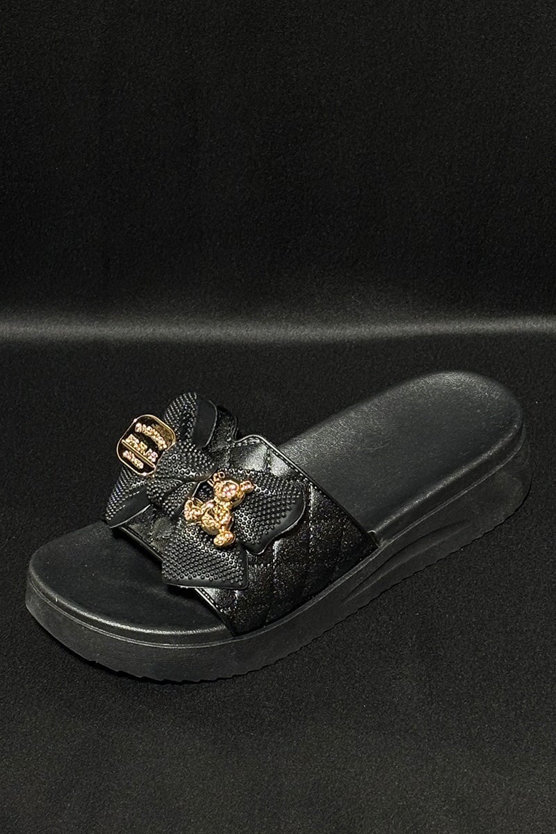 BLACK QUILTED GOLD TRIM FAUX LEATHER PLATFORM SLIDER