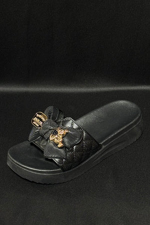 BLACK QUILTED GOLD TRIM FAUX LEATHER PLATFORM SLIDER