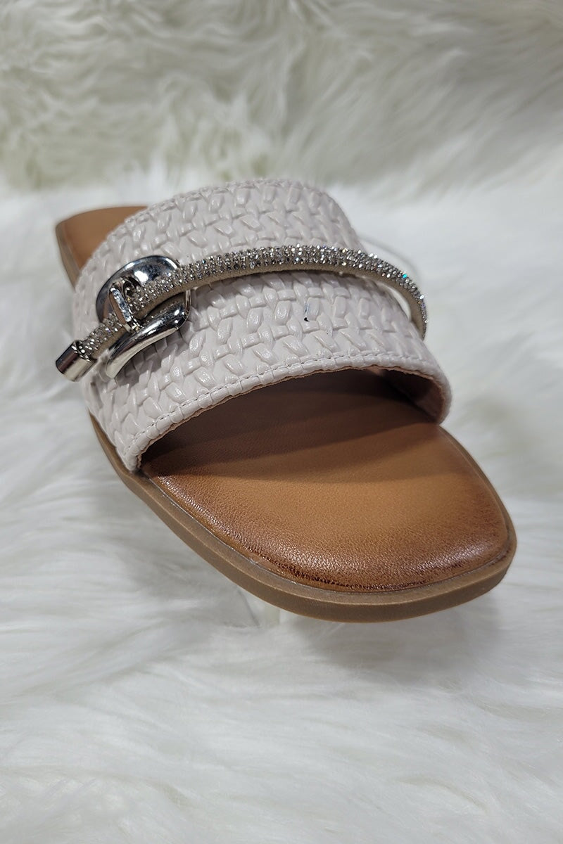 BEIGE TEXTURED EMBELLISHED TRIM FAUX LEATHER SLIDER
