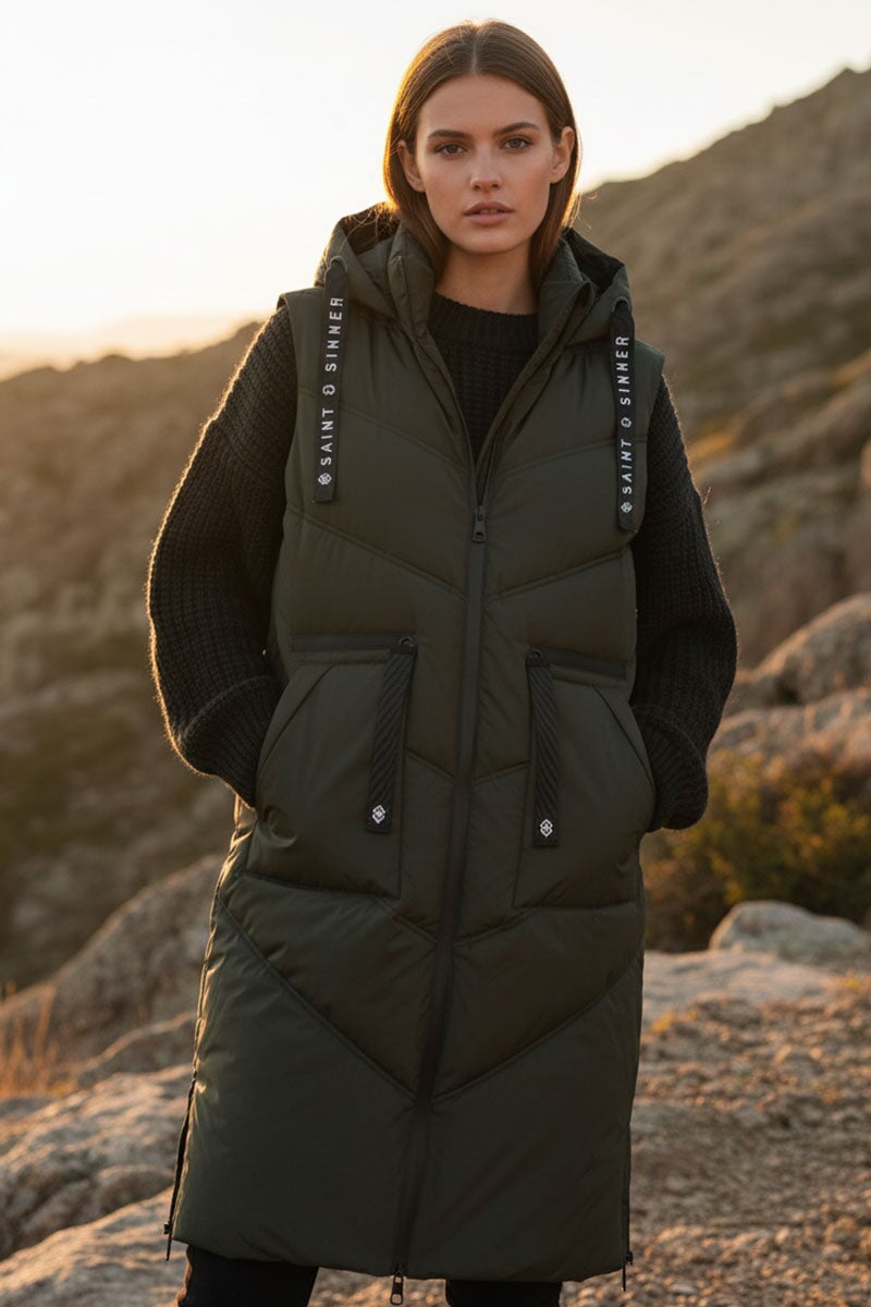 KHAKI QUILTED HOODED 4 POCKET PUFFER GILET