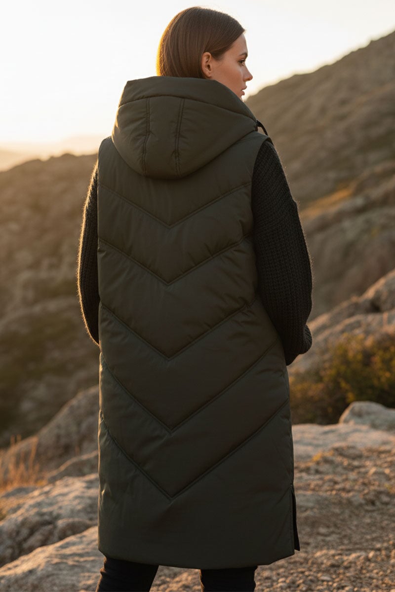 KHAKI QUILTED HOODED 4 POCKET PUFFER GILET