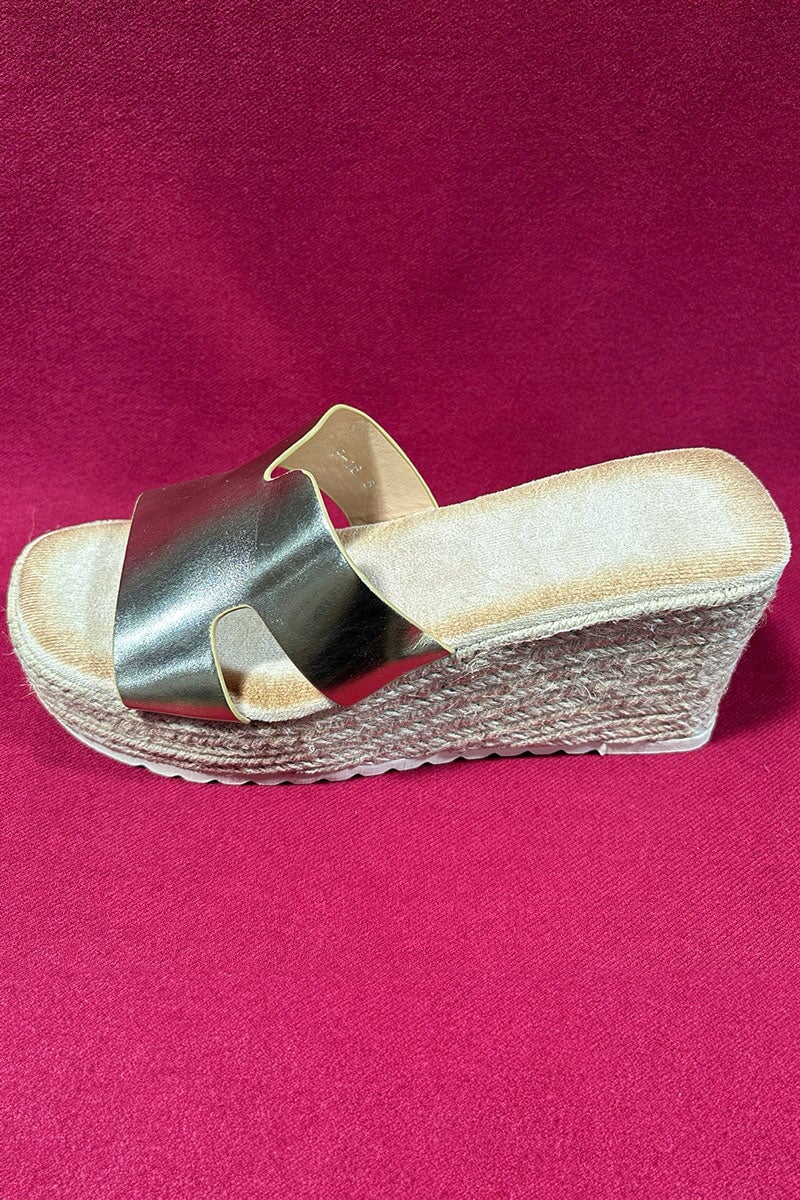 GOLD METALLIC CUT OUT FAUX LEATHER ESPADRILLE WEDGE