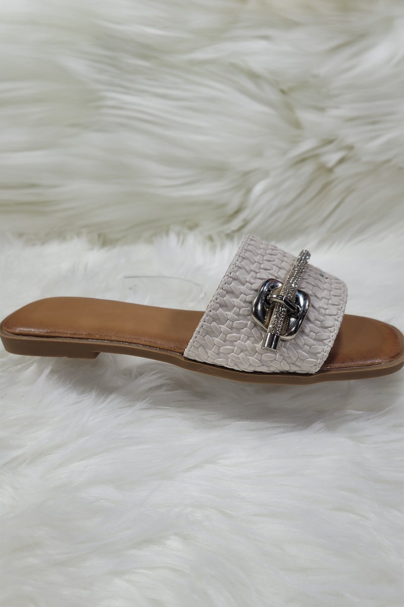 BEIGE TEXTURED EMBELLISHED TRIM FAUX LEATHER SLIDER