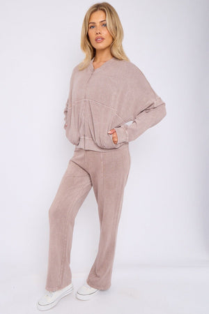 DOVE GREY ACID WASH ZIPPED BOMBER SWEATSHIRT WITH STRAIGHT LEG TROUSER