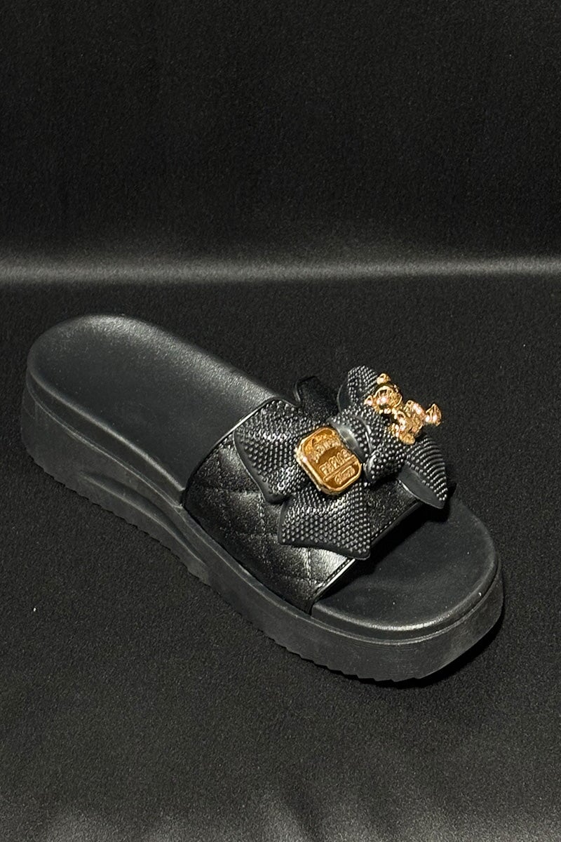 BLACK QUILTED GOLD TRIM FAUX LEATHER PLATFORM SLIDER