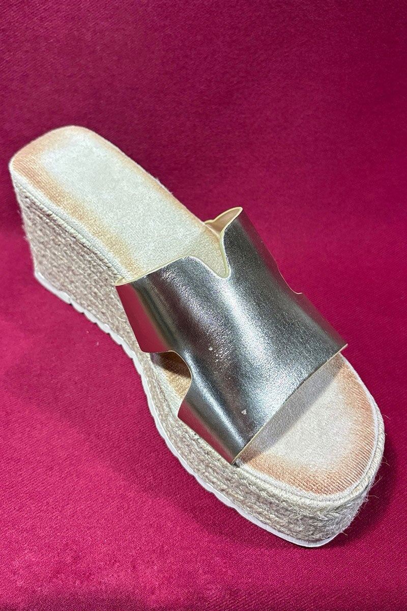 GOLD METALLIC CUT OUT FAUX LEATHER ESPADRILLE WEDGE