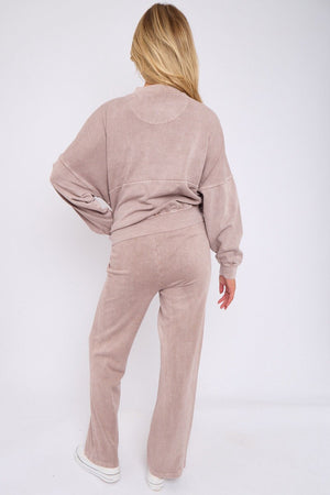 DOVE GREY ACID WASH ZIPPED BOMBER SWEATSHIRT WITH STRAIGHT LEG TROUSER