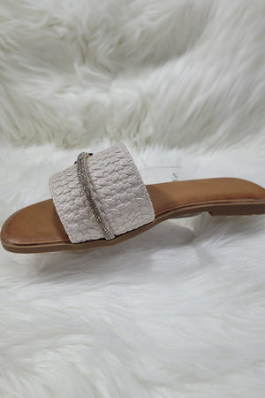 BEIGE TEXTURED EMBELLISHED TRIM FAUX LEATHER SLIDER