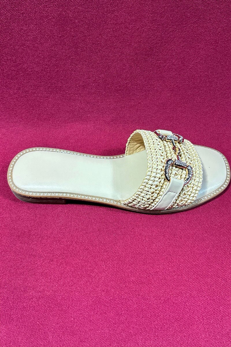 BEIGE WOVEN RAFFIA EMBELLISHED GOLD BUCKLE SLIDER