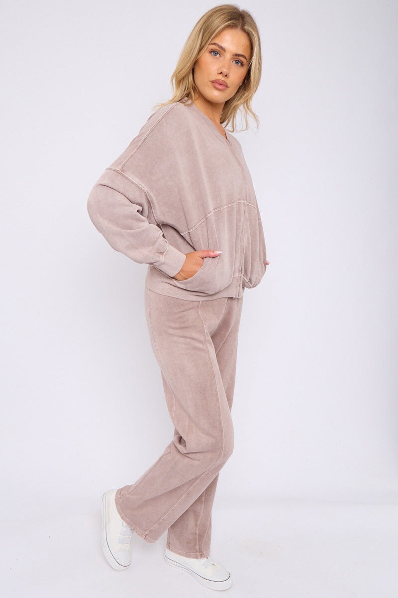 DOVE GREY ACID WASH ZIPPED BOMBER SWEATSHIRT WITH STRAIGHT LEG TROUSER