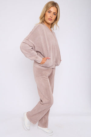 DOVE GREY ACID WASH ZIPPED BOMBER SWEATSHIRT WITH STRAIGHT LEG TROUSER