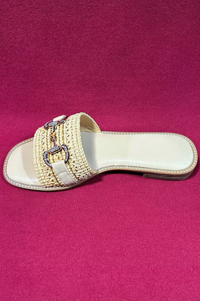 BEIGE WOVEN RAFFIA EMBELLISHED GOLD BUCKLE SLIDER