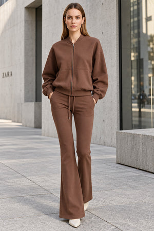 CHOCOLATE ZIPPED BOMBER JACKET AND FLARE LEG TROUSER SET