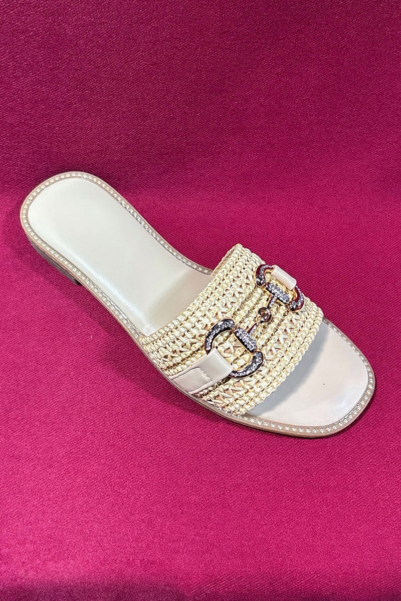 BEIGE WOVEN RAFFIA EMBELLISHED GOLD BUCKLE SLIDER
