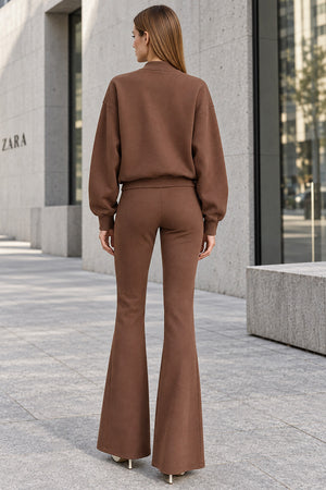 CHOCOLATE ZIPPED BOMBER JACKET AND FLARE LEG TROUSER SET