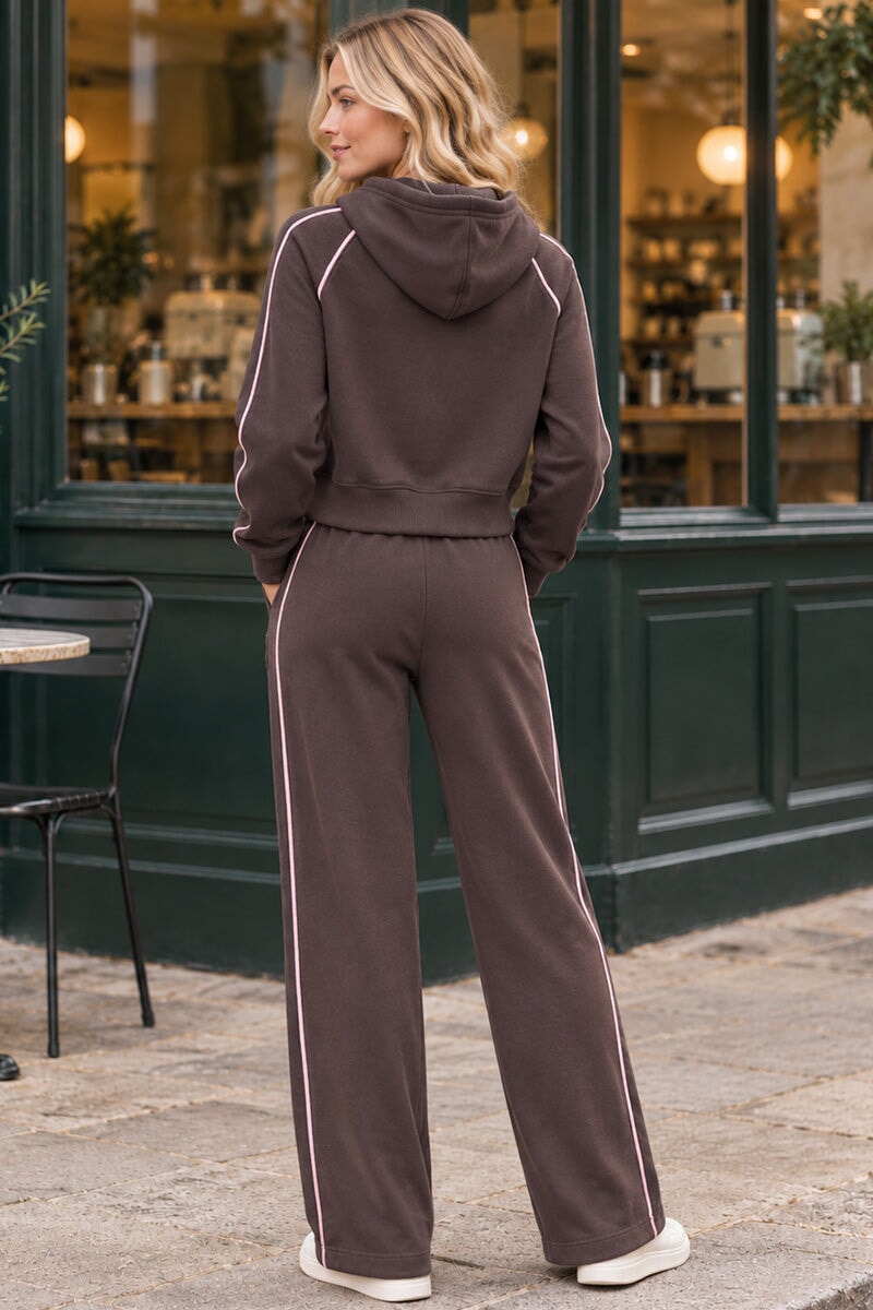 CHOCOLATE HOODED CROPPED ZIP UP JACKET AND SIDE STRIPE JOGGER TRACKSUIT SET