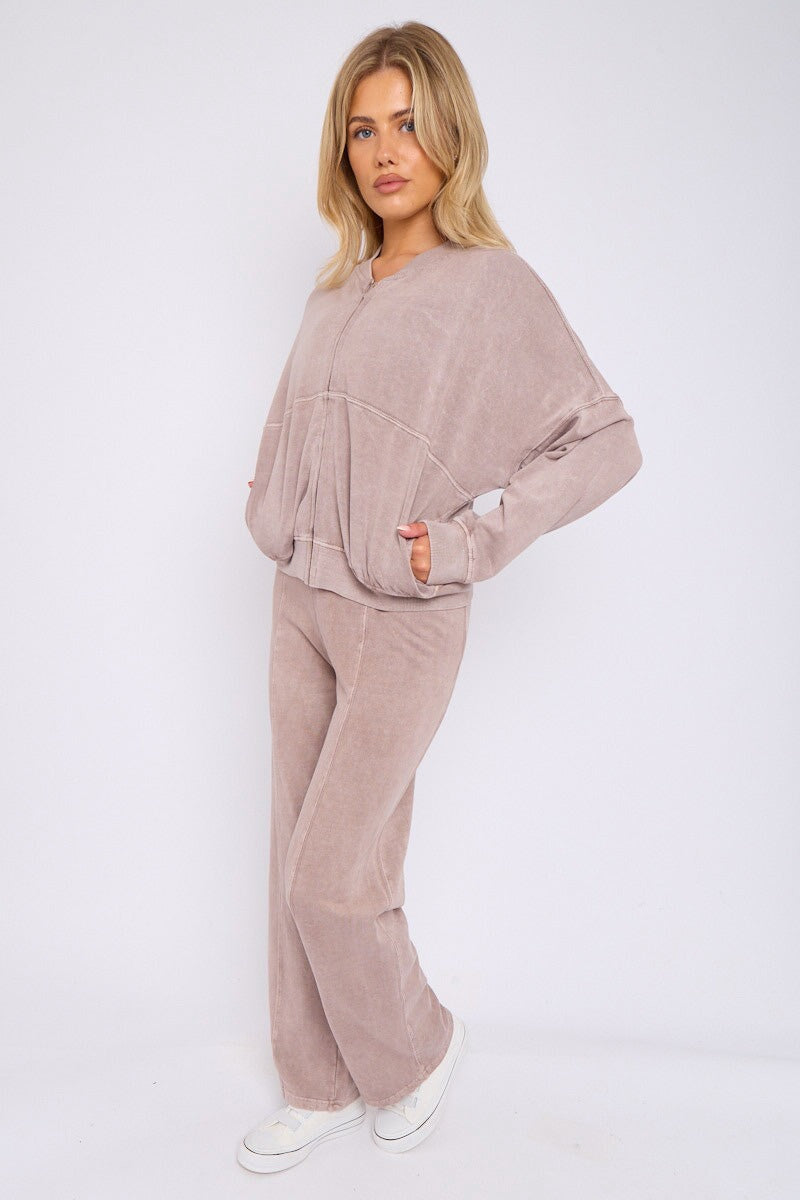 DOVE GREY ACID WASH ZIPPED BOMBER SWEATSHIRT WITH STRAIGHT LEG TROUSER