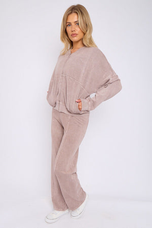 DOVE GREY ACID WASH ZIPPED BOMBER SWEATSHIRT WITH STRAIGHT LEG TROUSER