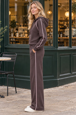 CHOCOLATE HOODED CROPPED ZIP UP JACKET AND SIDE STRIPE JOGGER TRACKSUIT SET