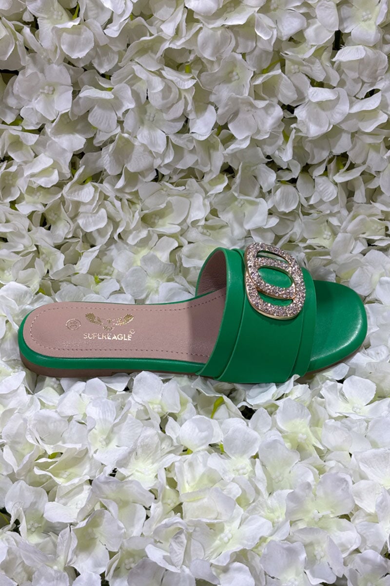 GREEN CRYSTAL EMBELLISHED FAUX LEATHER SLIDER