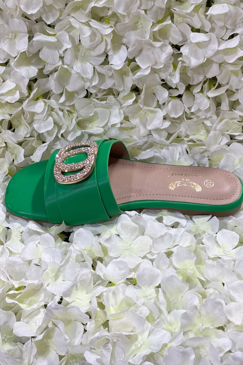 GREEN CRYSTAL EMBELLISHED FAUX LEATHER SLIDER