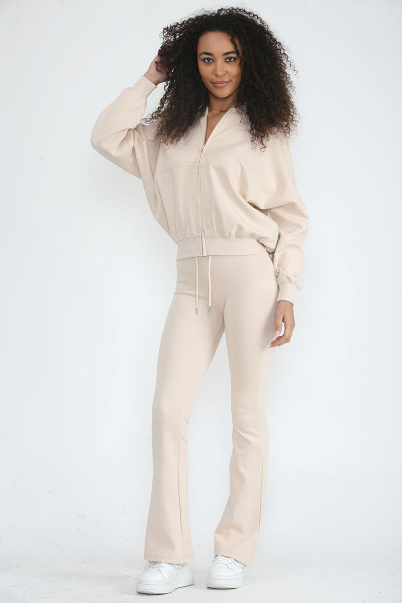 OATMEAL ZIPPED BOMBER JACKET AND FLARE LEG TROUSER SET