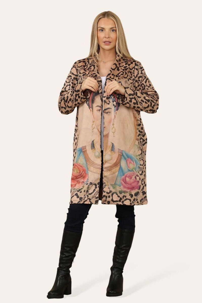 CAMEL LEOPARD PRINT FAUX SUEDE JACKET