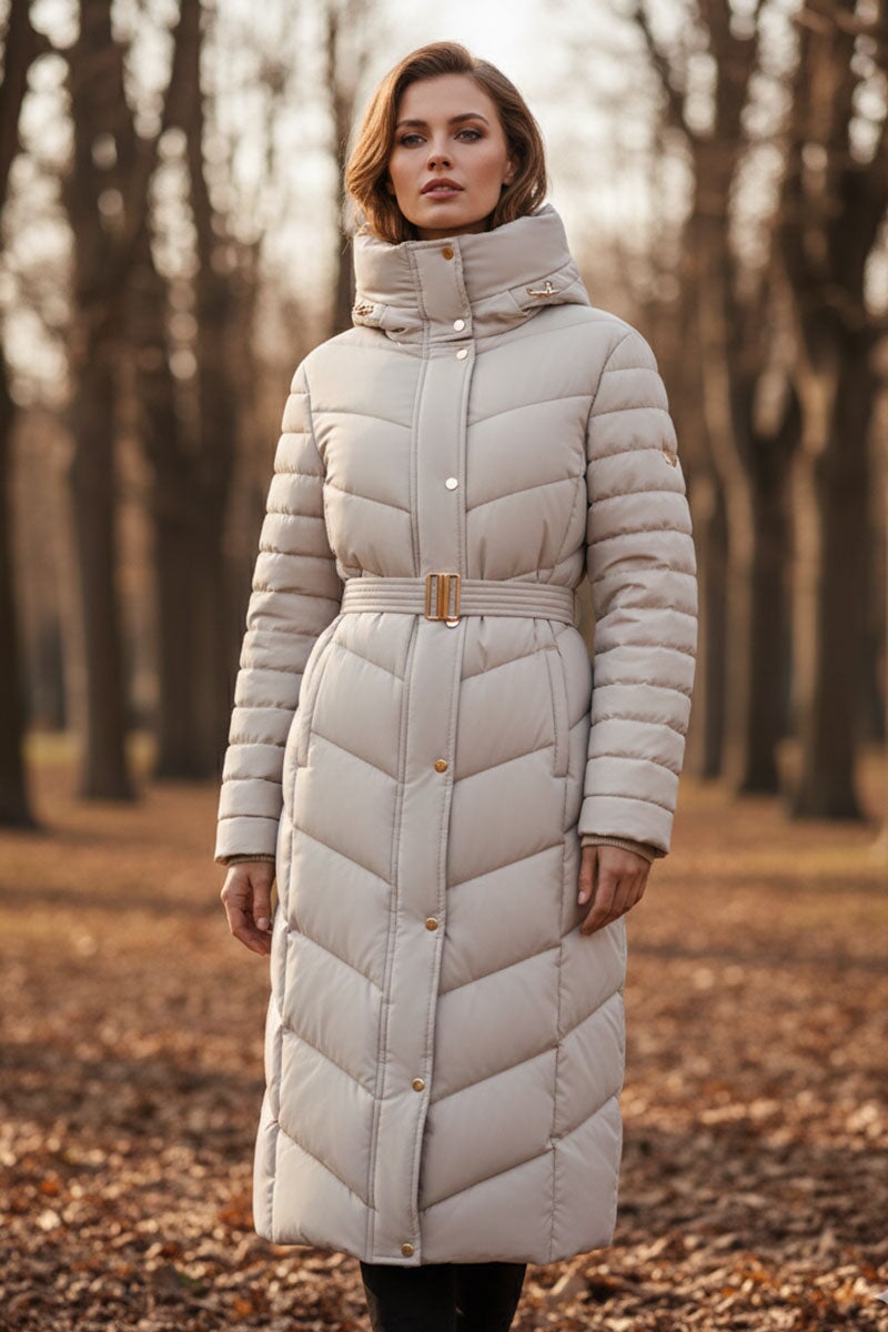 OYSTER QUILTED GOLD TRIM LONGLINE BELTED HOODED COAT