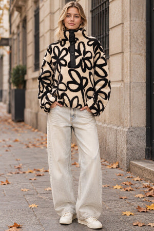 CREAM AND BLACK PATTERN PRINT 1/4 STUD TEDDY SWEATSHIRT