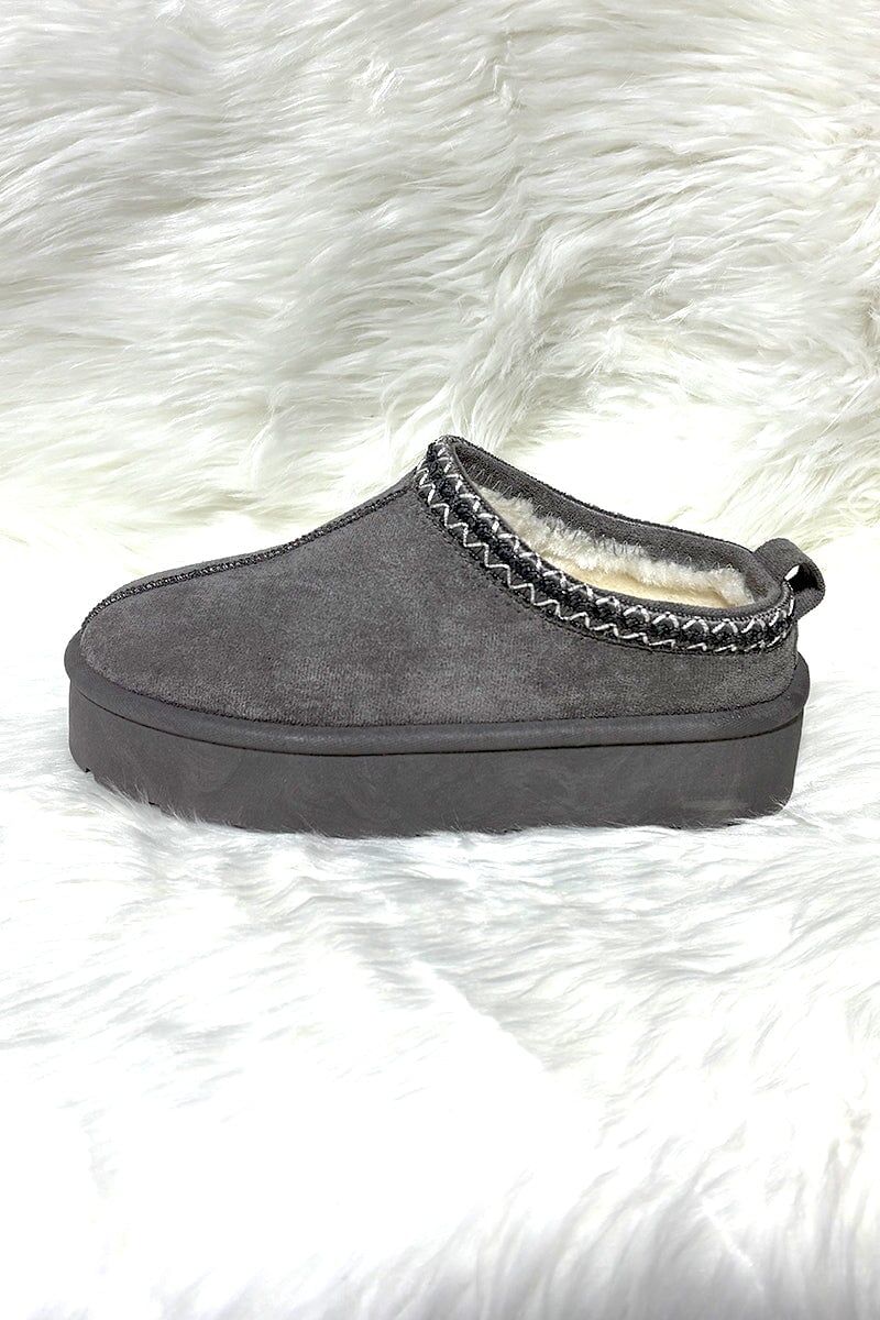 GREY FAUX SUEDE SLIP ON PLATFORM SLIPPERS