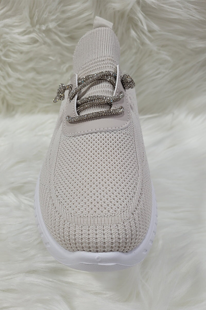 BEIGE METALLIC LACE SOCK TRAINER