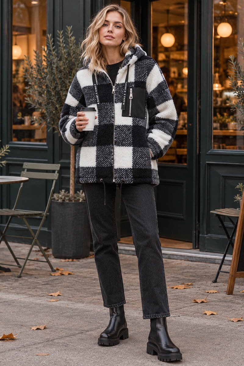 BLACK AND WHITE CHECK POCKET DETAIL HOODED TEDDY JACKET