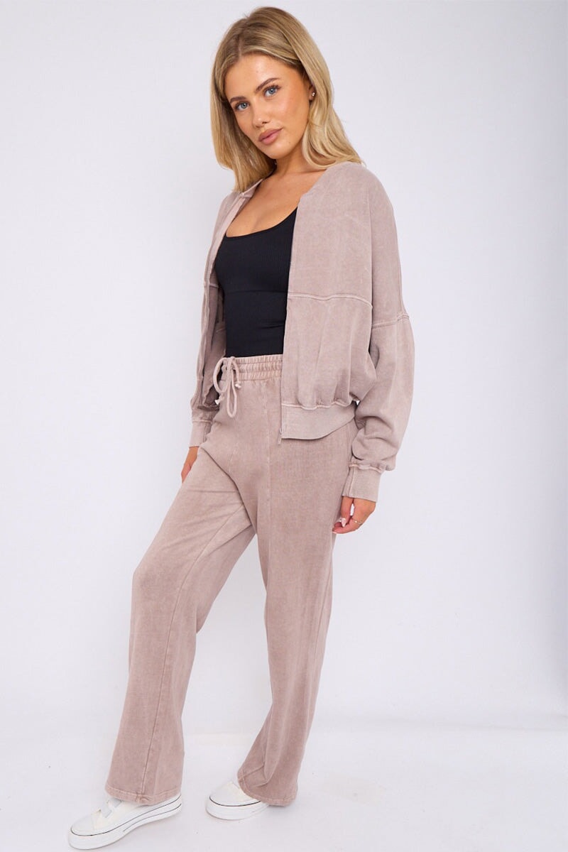 DOVE GREY ACID WASH ZIPPED BOMBER SWEATSHIRT WITH STRAIGHT LEG TROUSER