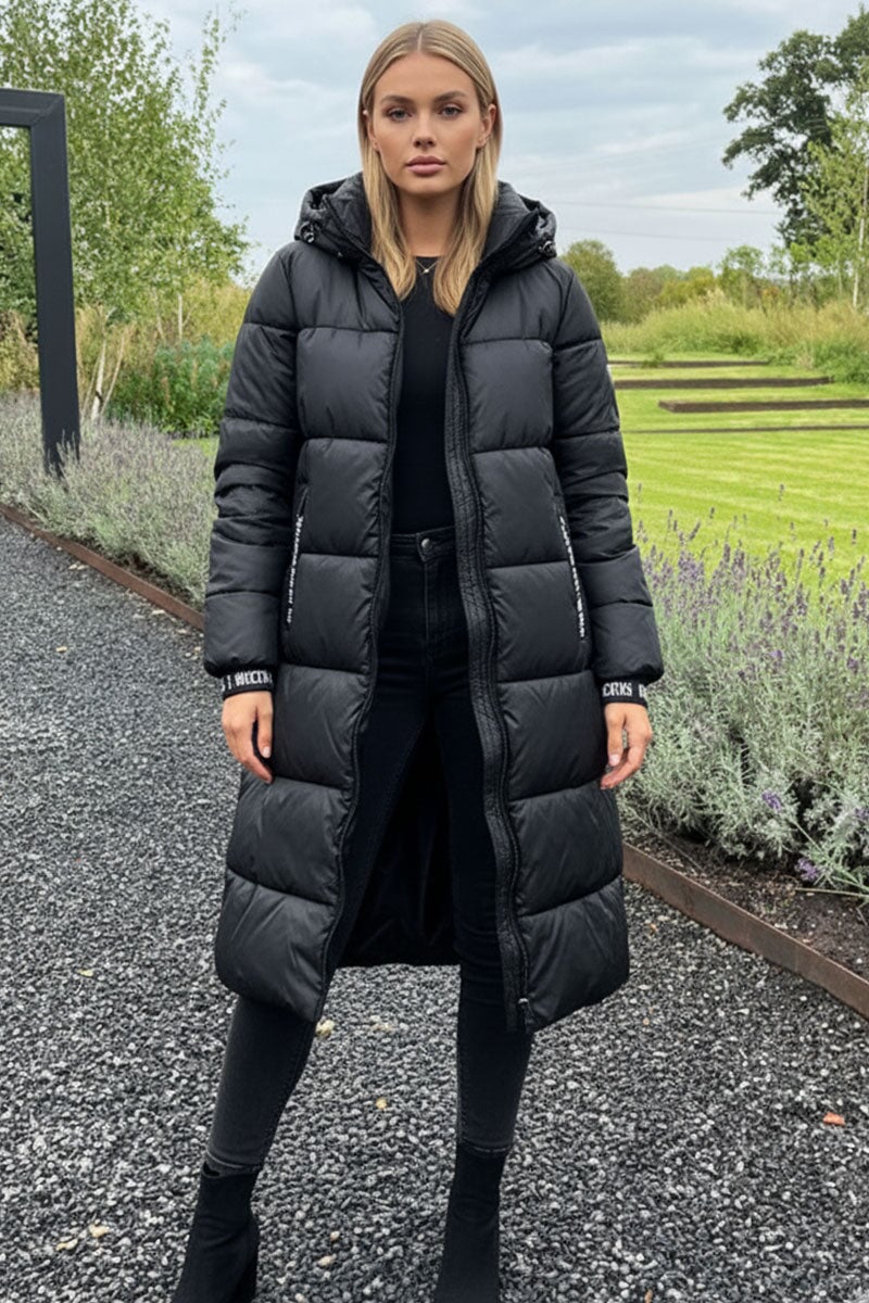 BLACK QUILTED PUFFER HOODED COAT