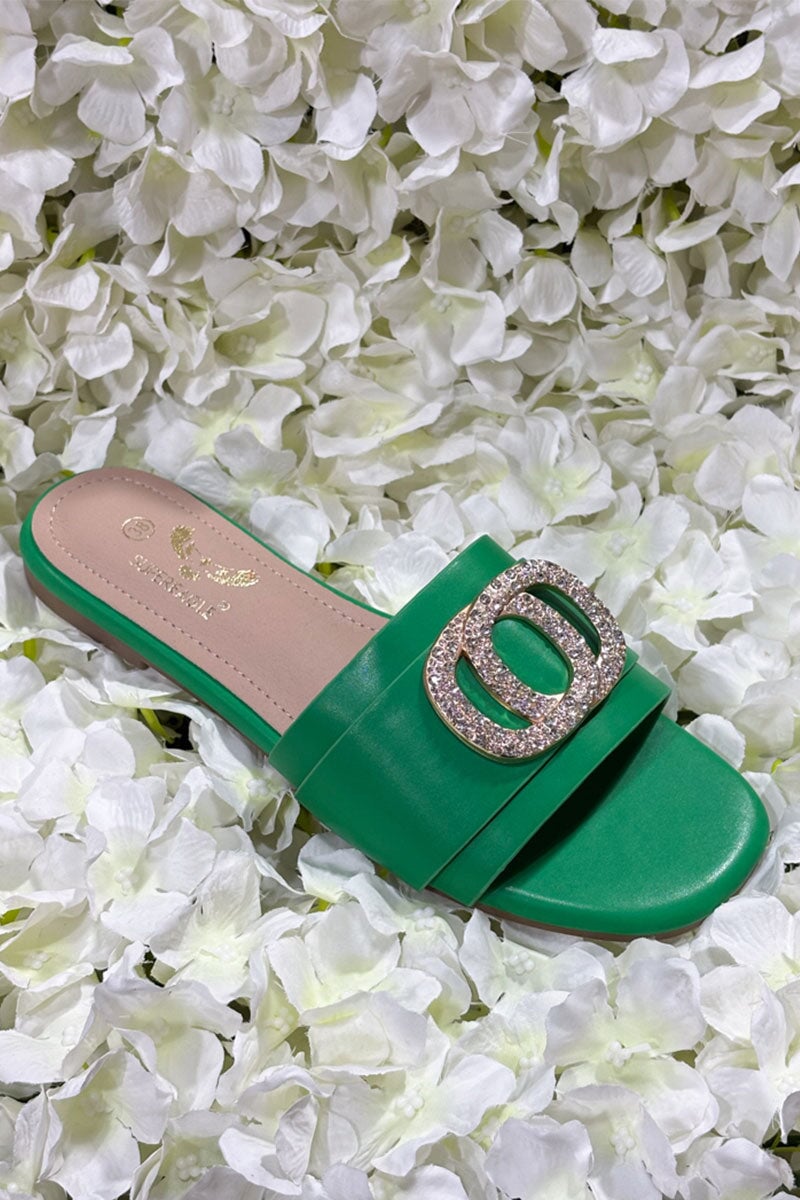 GREEN CRYSTAL EMBELLISHED FAUX LEATHER SLIDER