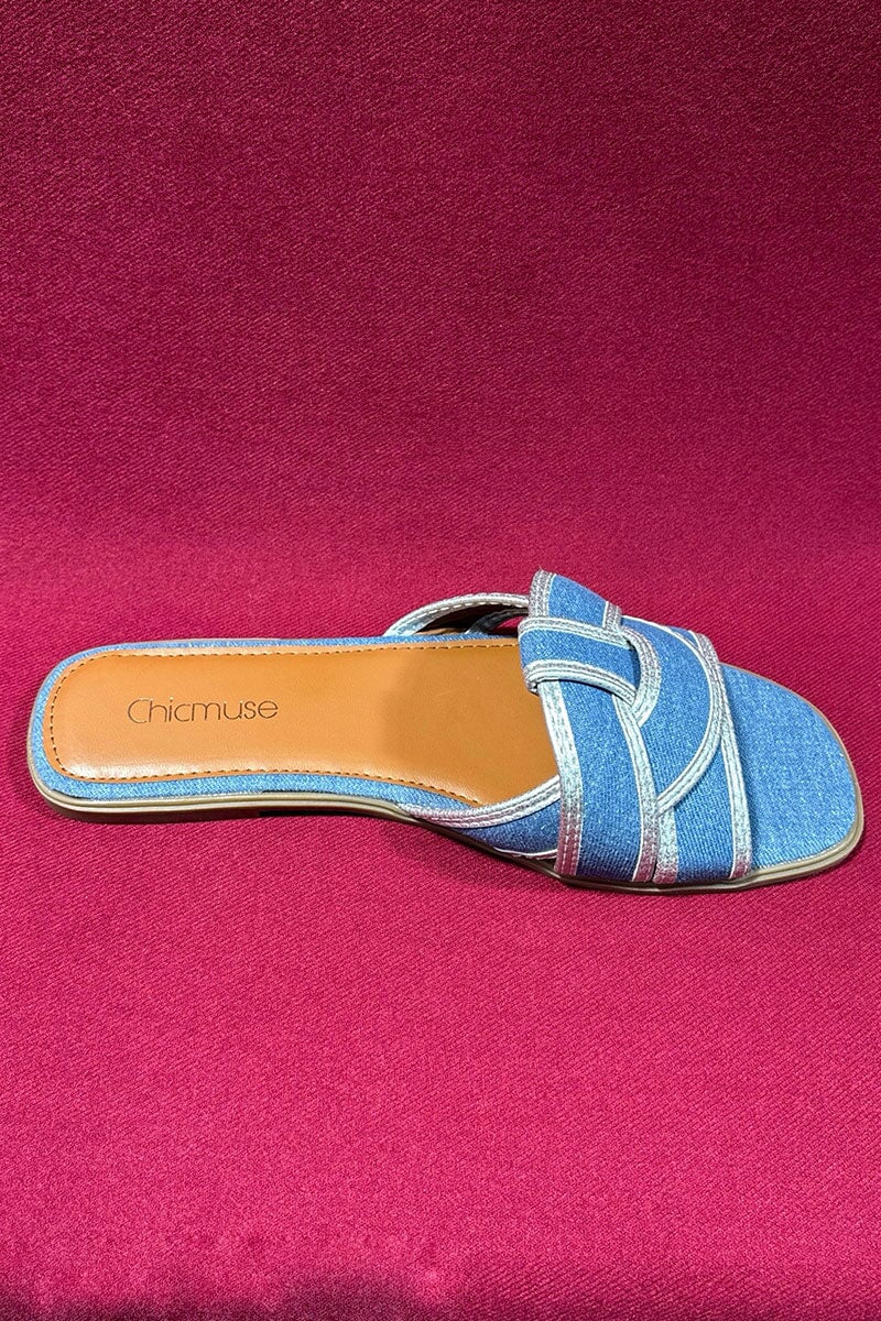 BLUE DENIM WOVEN STRAP SLIDER