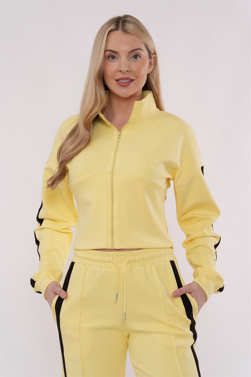 YELLOW CROPPED DOUBLE STRIPE ZIPPED SWEATSHIRT WITH WIDE LEG TROUSER