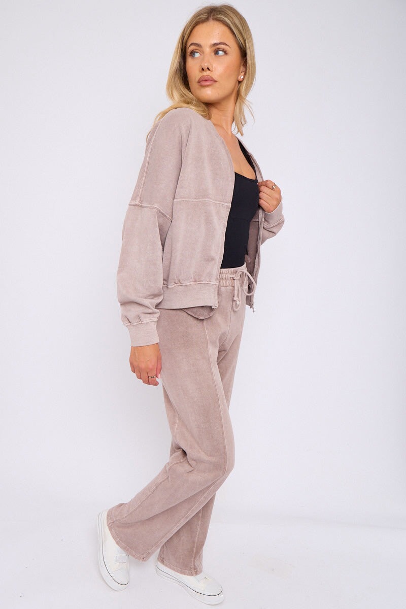 DOVE GREY ACID WASH ZIPPED BOMBER SWEATSHIRT WITH STRAIGHT LEG TROUSER