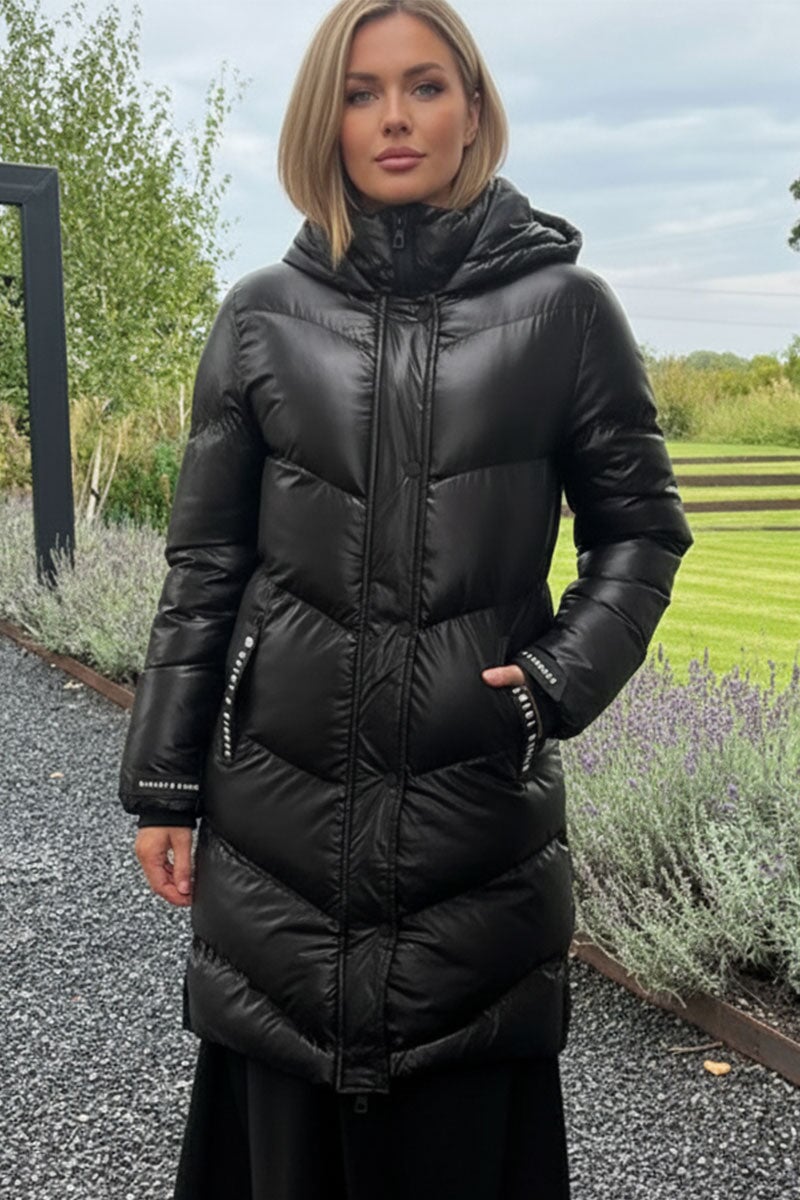 BLACK QUILTED PUFFER HOODED COAT